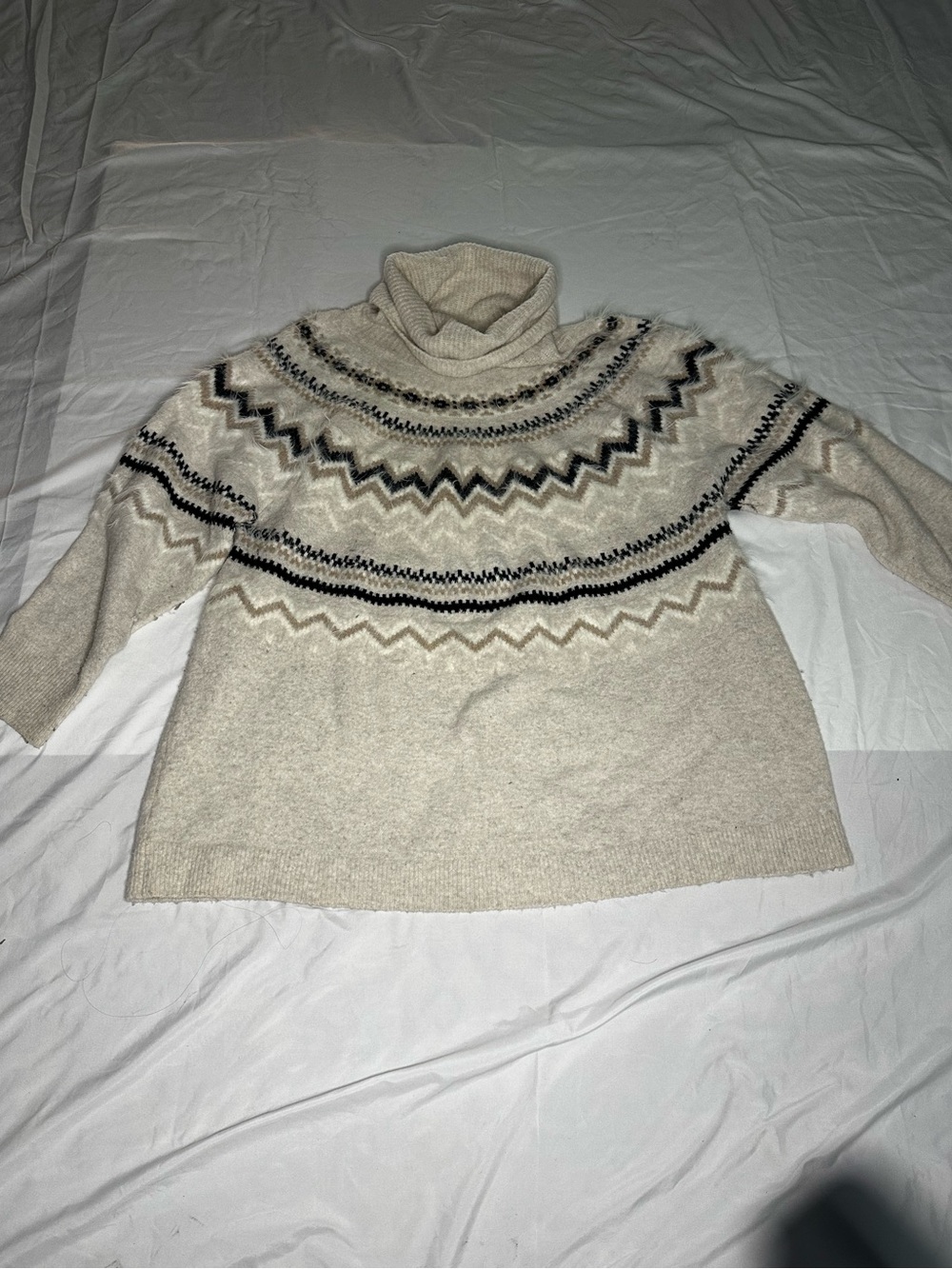 LOFT Cream Fair Isle Turtleneck Sweater with Black and Brown Pattern